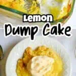 Close-up of lemon dump cake with a scoop of vanilla ice cream on top.