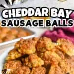 Cheddar Bay Sausage Balls with cheese and herbs on a white plate.