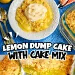 Lemon Dump Cake with cake mix and lemon, ready to serve on a white plate.