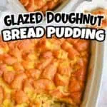 Glazed doughnut bread pudding in a baking dish with a spoon.