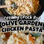Creamy crockpot chicken pasta with shredded chicken and pasta in a black slow cooker.