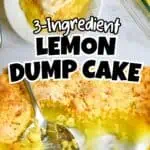 Lemon dump cake with a scoop of vanilla ice cream on top, served in a glass baking dish.