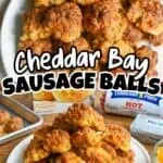 Close-up of golden Cheddar Bay sausage balls on a white plate for savory appetizer.