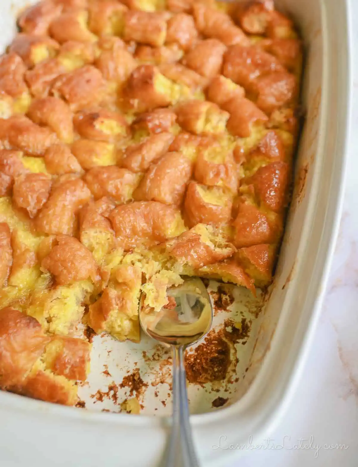 casserole dish of doughnut bread pudding.