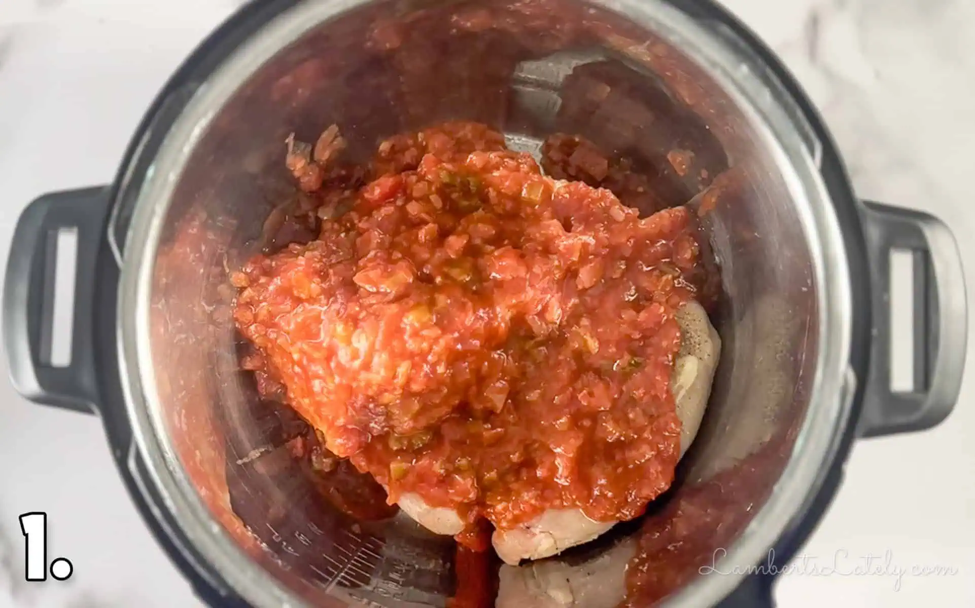 salsa on top of chicken breasts in an instant pot.