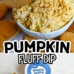 Close-up of pumpkin fluff dip with Cool Whip in a white bowl, surrounded by cookies.