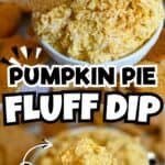 Close-up of pumpkin pie fluff dip with a graham cracker in a bowl.