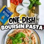 Ingredients for Boursin cheese pasta including cherry tomatoes, basil, and pasta.