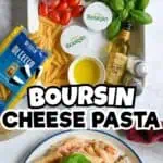 Fresh ingredients for Boursin cheese pasta including cherry tomatoes, basil, and cheese.