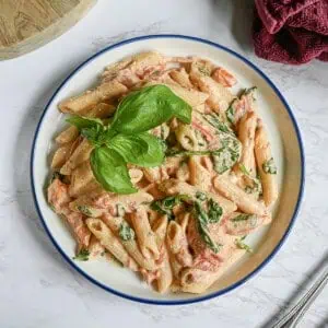 boursin cheese pasta on a plate, topped with sprig of basil.