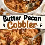 Delicious butter pecan cobbler with ice cream and pecans on top.