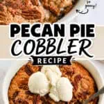 Delicious pecan pie cobbler with ice cream and whipped cream, perfect for dessert.