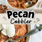 Delicious pecan cobbler with ice cream served in a white baking dish.