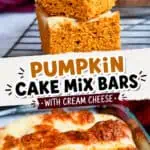Close-up of pumpkin cake bars with cream cheese frosting on a cooling rack.