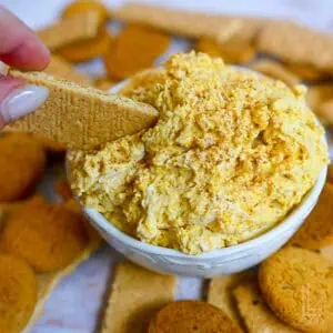 dipping a graham cracker into pumpkin cool whip dip.