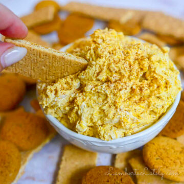 dipping a graham cracker into pumpkin fluff dip.