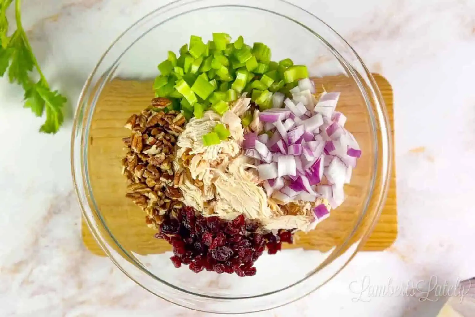 chicken, onion, celery, pecans, and cranberries in a glass bowl.