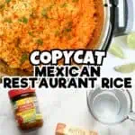 Close-up of vibrant orange Mexican rice in a pot with ingredients around it.