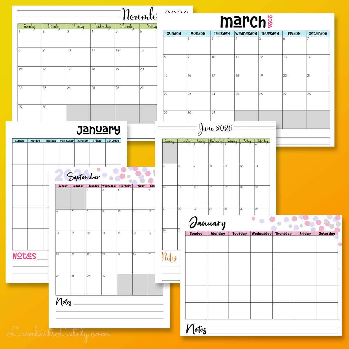 collage of calendar printables for 2026.