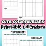 Colorful printable calendar pages for 2026 with months November, December, and February.