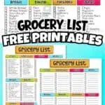 Colorful grocery list template with sections for fruits, vegetables, dairy, meats, breads, baking, &.