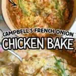 Campbell's French Onion Chicken Bake in a skillet with herbs and melted cheese.