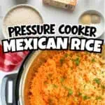 Pressure cooker Mexican rice with fresh herbs and ingredients on a white background.