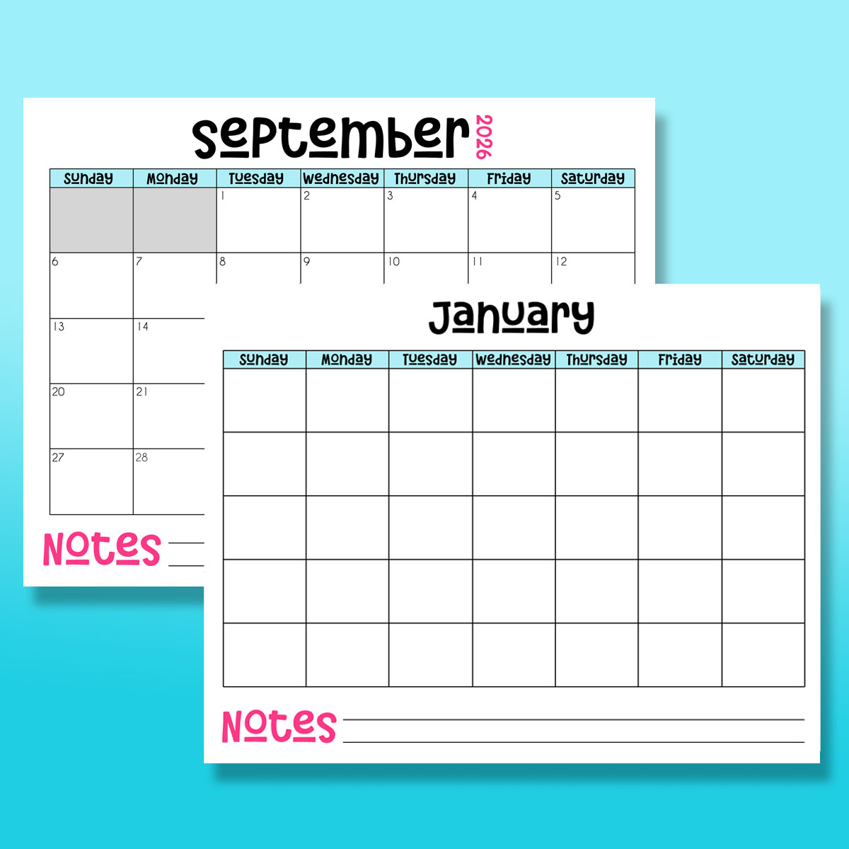 2026 monthly calendar templates on a blue background - landscape orientation.