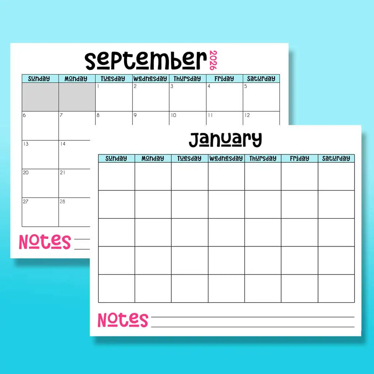 2026 monthly calendar templates on a blue background - landscape orientation.