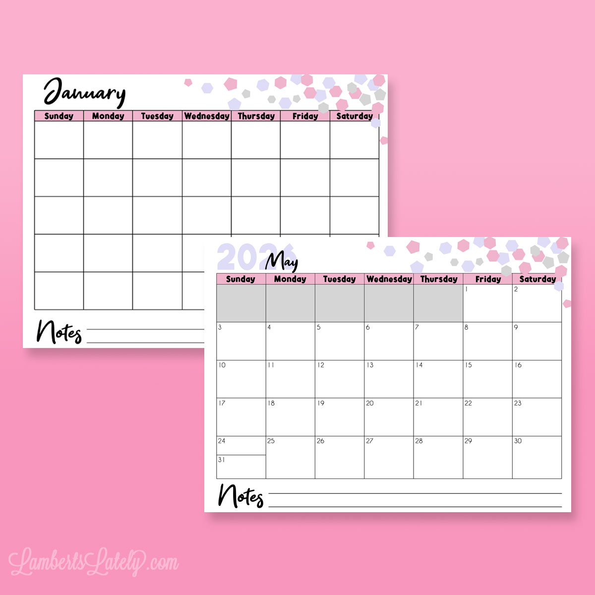 pink confetti 2026 monthly calendar printables in landscape orientation.