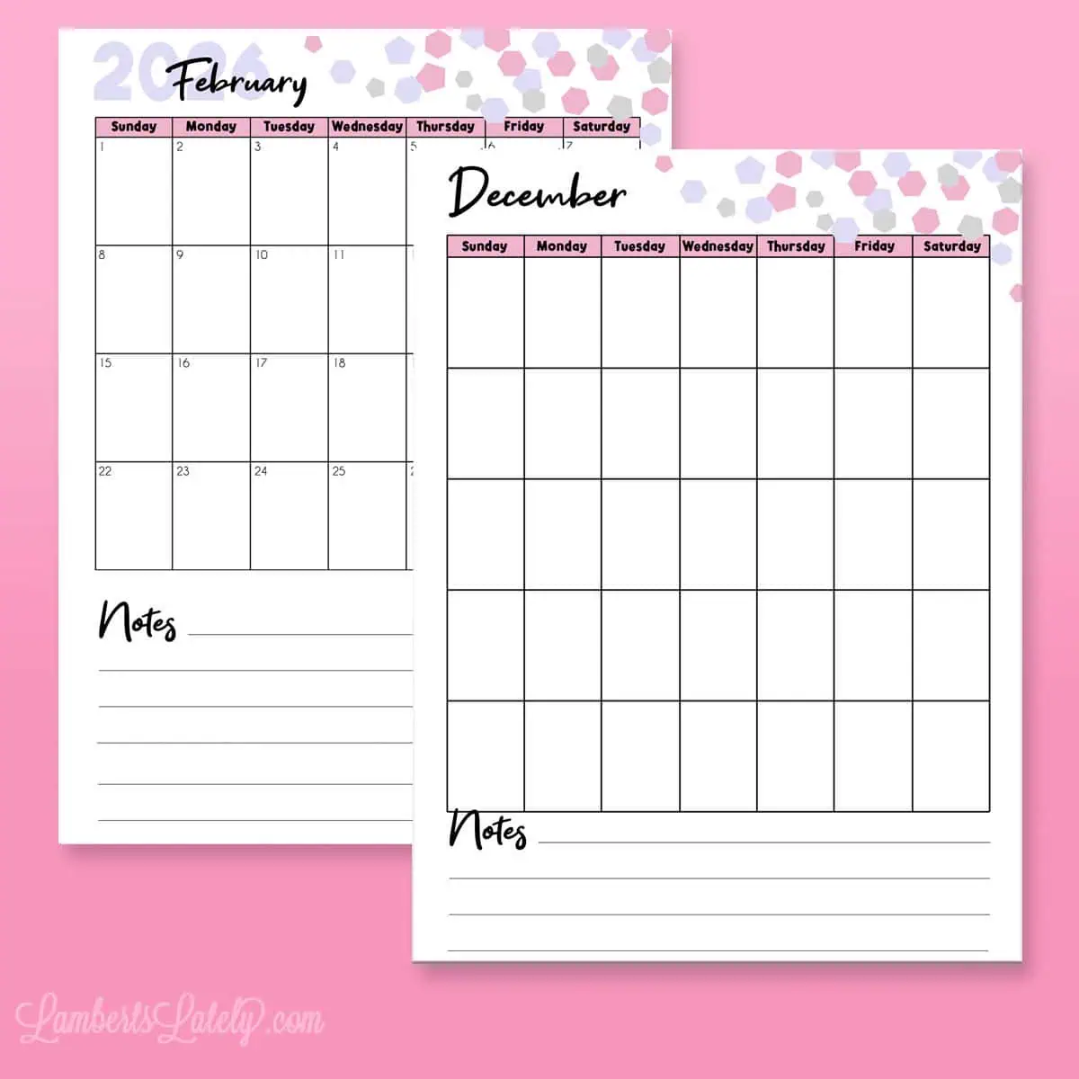 pink confetti calendars in portrait orientation.