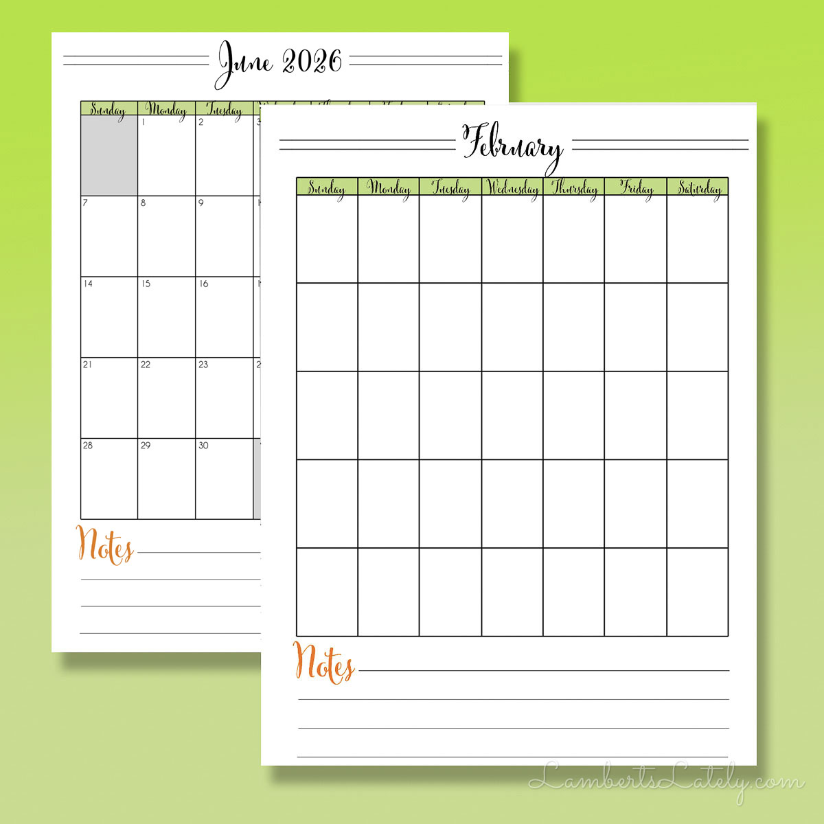green calendar pdf printables in portrait orientation.