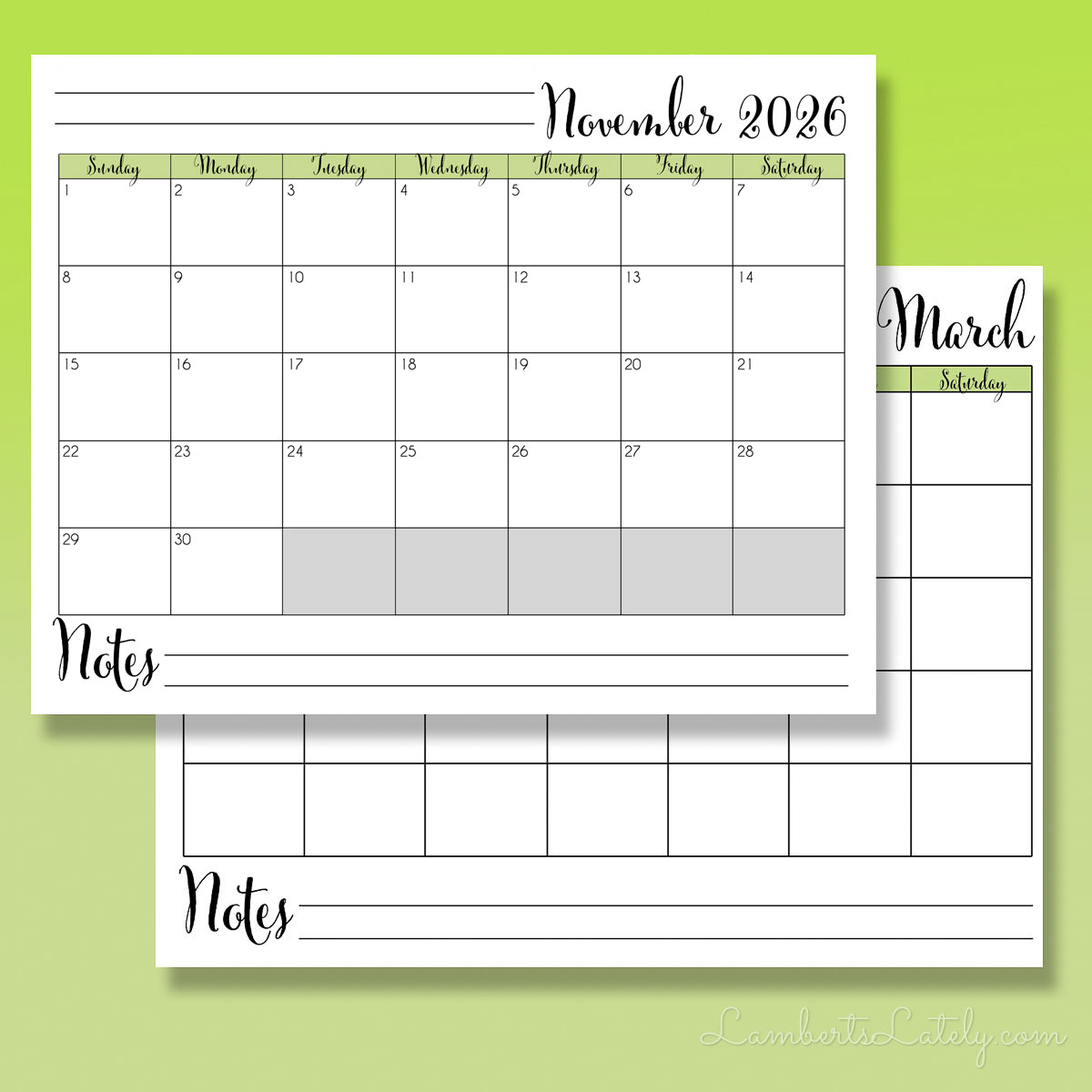 green calendar pages in landscape orientation.