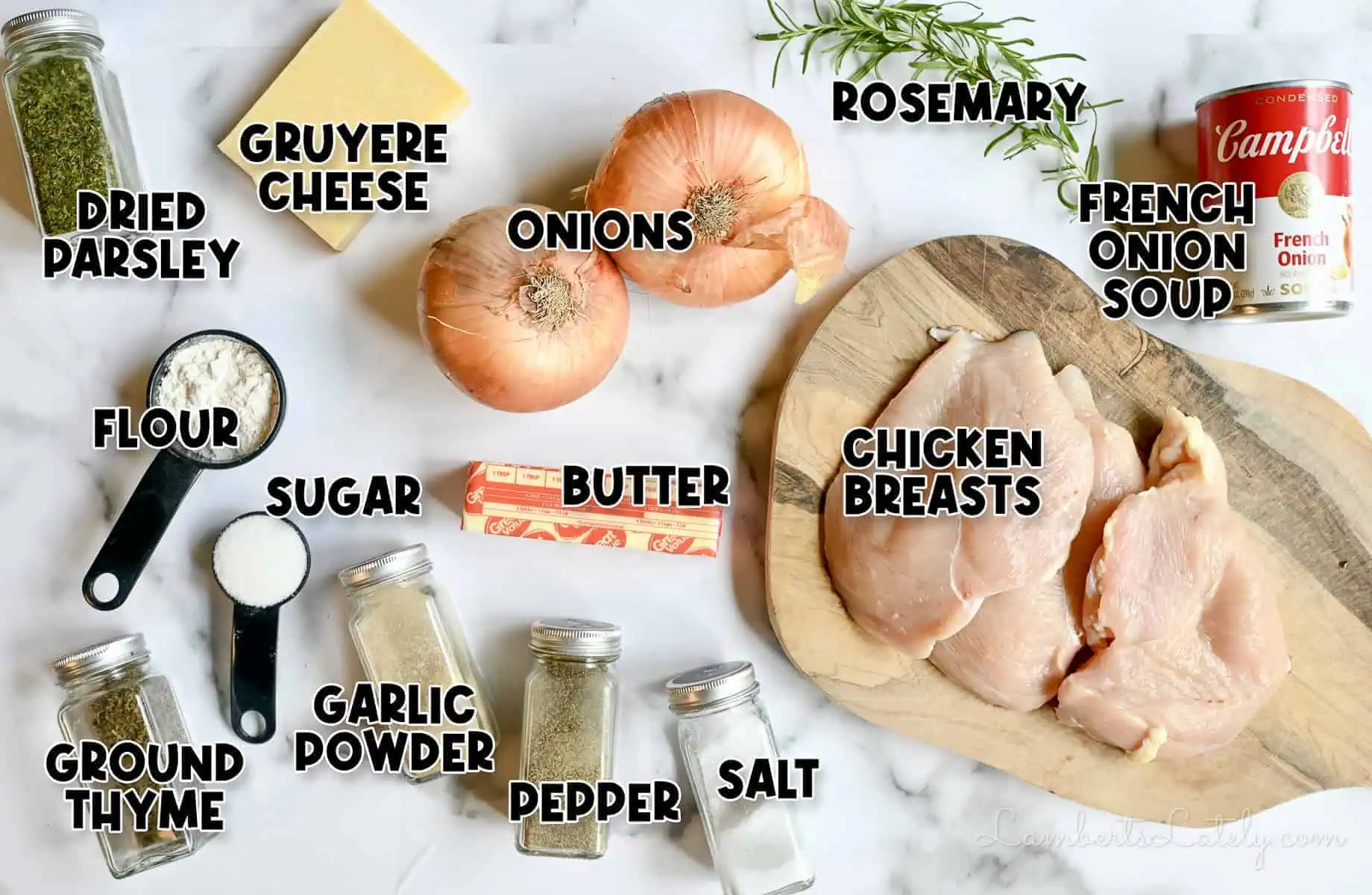 ingredients for french onion chicken bake.