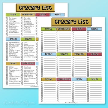a blank and filled grocery list template.
