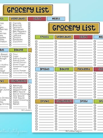 a blank and filled grocery list template.