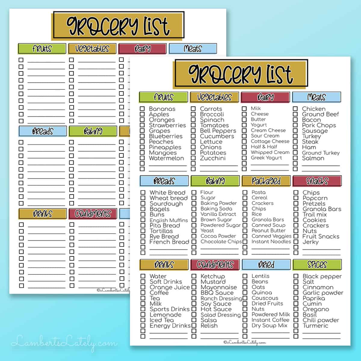 Printable grocery list template with categories for fruits, vegetables, dairy, meats, and more.