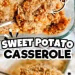 Close-up of sweet potato casserole with crispy brown sugar pecan topping.