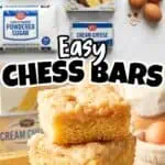 Stacked chess bars with ingredients and baking supplies in background.