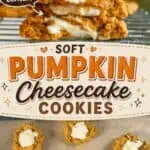 Pumpkin cheesecake cookies with creamy centers stacked on a wire rack.