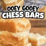 Close-up of Ooey Gooey Chess Bars with melted cheese and golden crust.