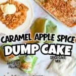 Close-up of caramel apple dump cake with apple pie filling and caramel bits on a marble surface.