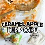 Close-up of caramel apple dump cake with ingredients and spoon in view.