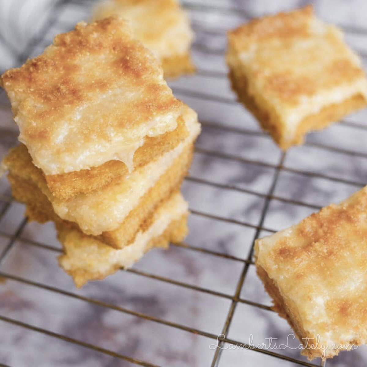 looking at the top of chess bars stacked on a baking rack.