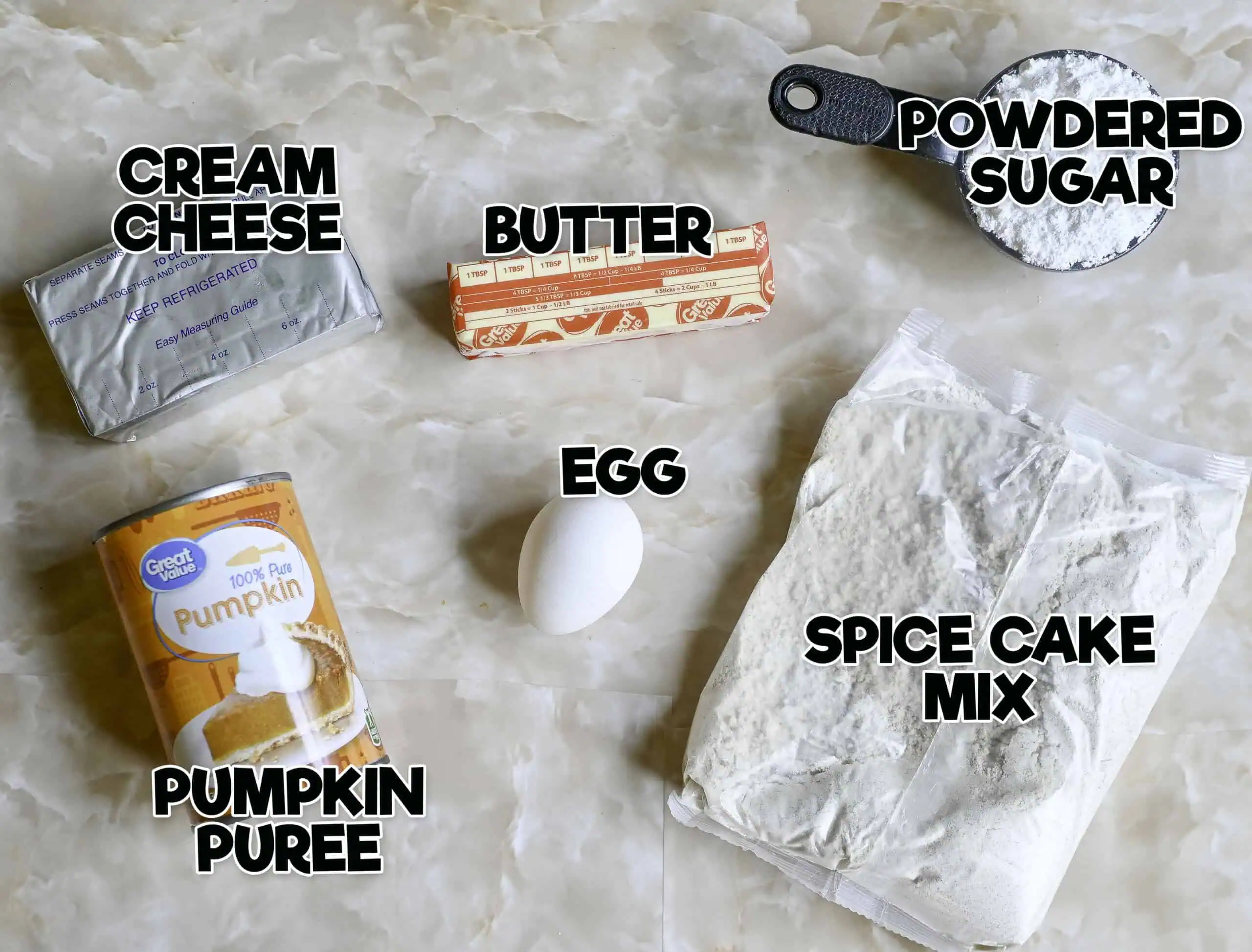 ingredients for pumpkin cheesecake cookies.