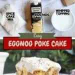 Ingredients for Eggnog Poke Cake including eggs, butter, cinnamon, pudding mix, and whipped topping.