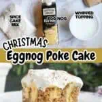 Ingredients for Eggnog Poke Cake including eggs, butter, cinnamon, pudding mix, and whipped topping.