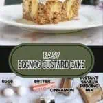 Slice of eggnog poke cake with whipped topping and cinnamon on top.