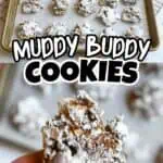 Muddy Buddy Cookies on a baking sheet with a hand holding one cookie in the foreground.