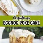 Eggnog poke cake with whipped topping and cinnamon on a white plate.